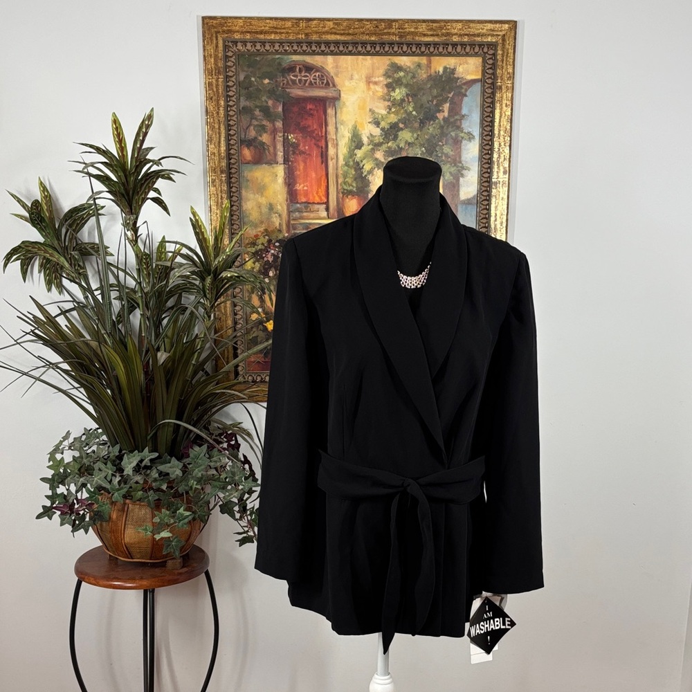 KS Collection Black Blazer Belted Double Breasted Size 14 Shawl Collar Unlined